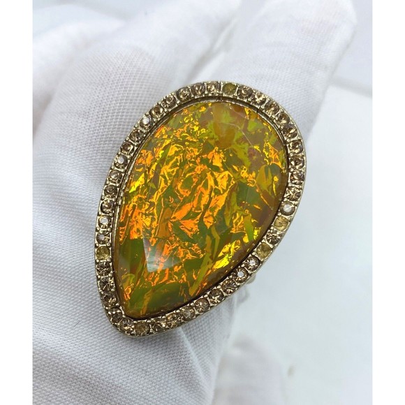 Vintage Design Ladies Ring, Big Amber, Stretchy Band - Picture 1 of 8